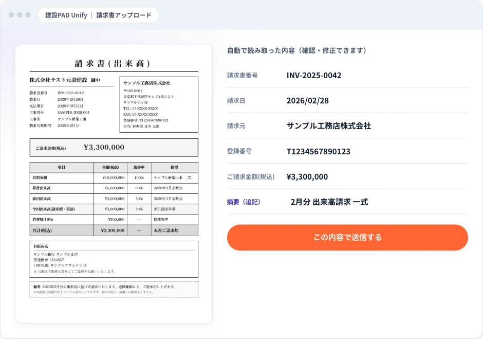 Unifyの確認画面。アップロードした請求書PDFと、自動で読み取った請求書番号・請求日・金額・登録番号などが並ぶ。